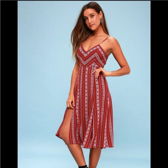 Lulus Calabash Rust Red Print Midi Dress dress up or down heels or flip flops - Picture 12 of 13